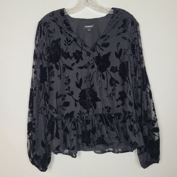 Express Top Black Floral Velvet Burnout Womens M Ruffles Sheer Sleeve Fairy Goth - Picture 1 of 10